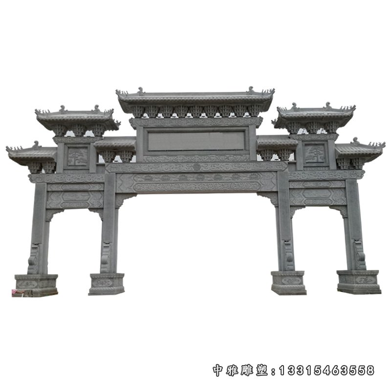 青石三门牌坊 石雕街道摆件