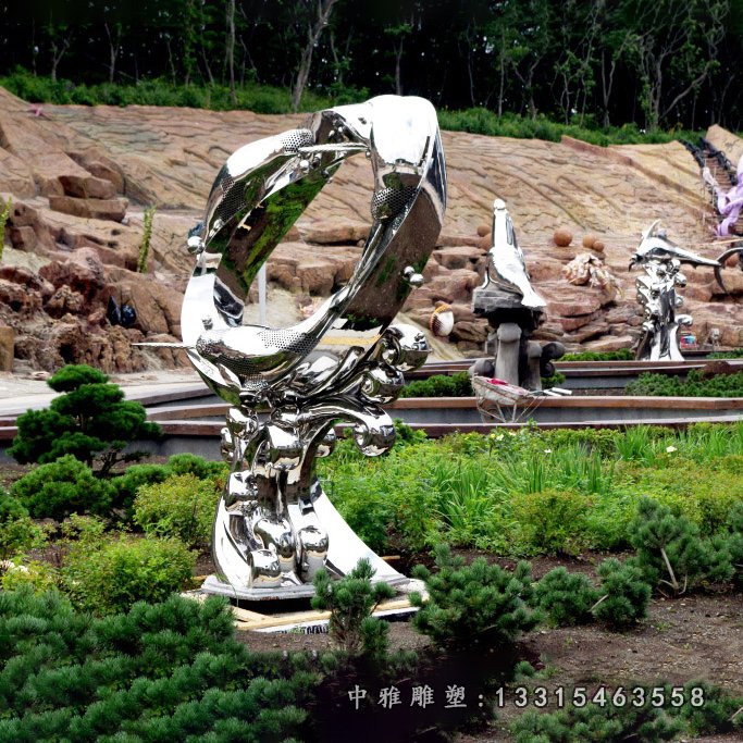 不锈钢抽象跳跃的海豚雕塑