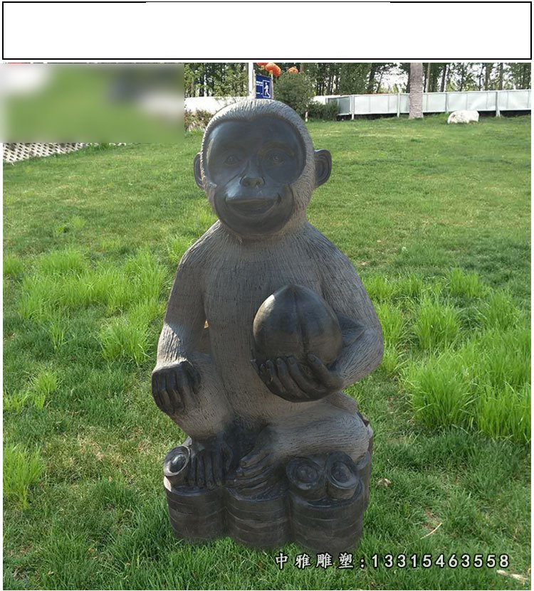 青石猴子雕塑，抱着桃子的小猴子石雕 (3)