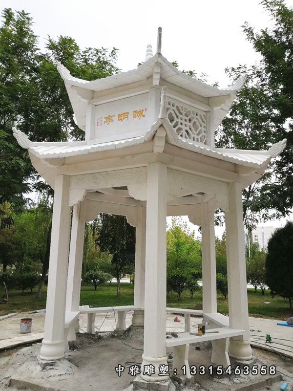 汉白玉六角双层凉亭石雕，公园石凉亭