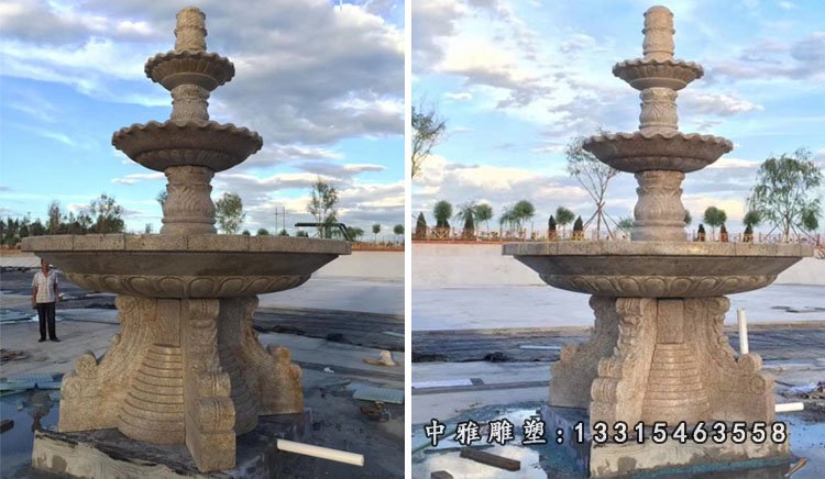黄锈石喷泉，三层喷水盆石雕