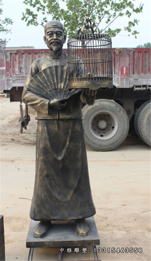 古人物遛鸟玻璃钢雕塑，仿铜古人雕塑