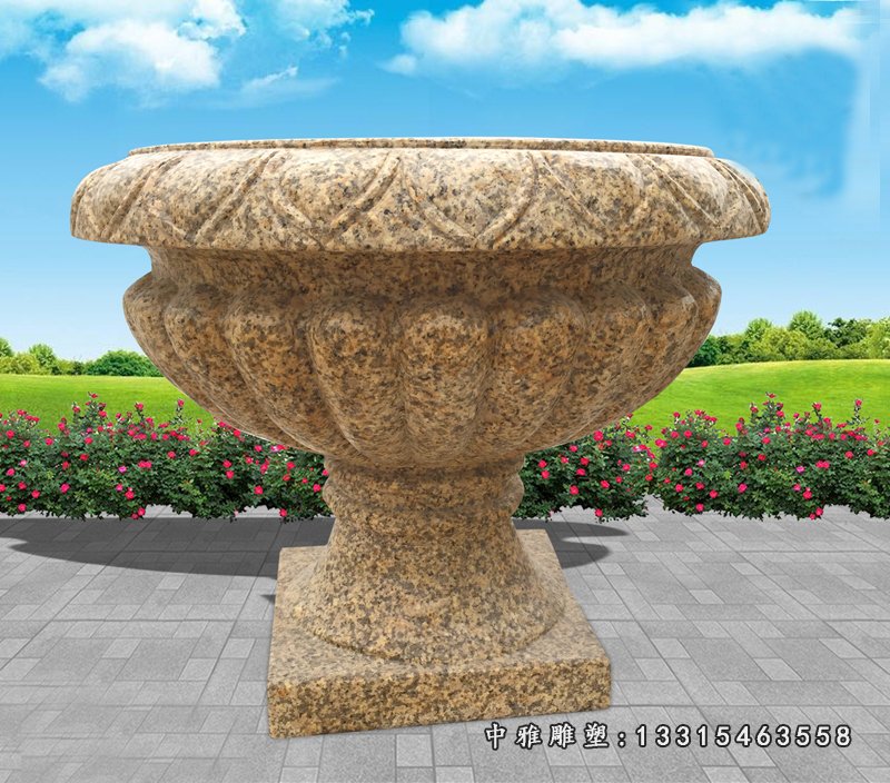 公园景观石雕，黄金麻石雕花盆