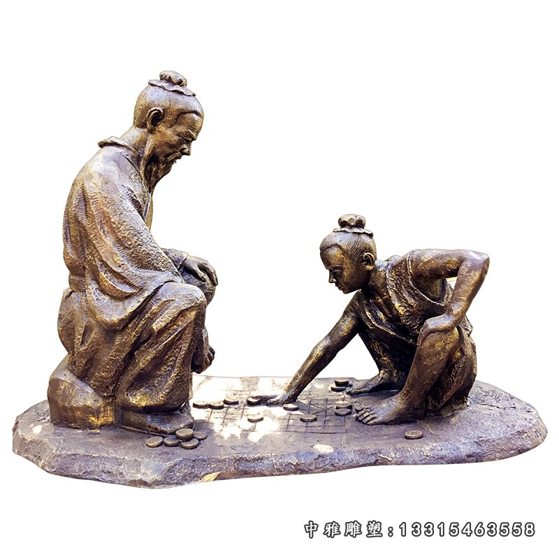 仿铜人物下棋室外公园景观雕塑，玻璃钢仿铜雕塑
