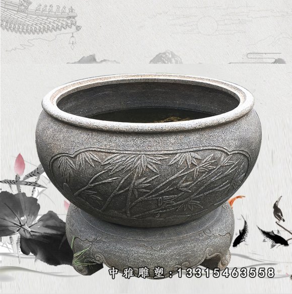 仿古浮雕富竹花盆石雕