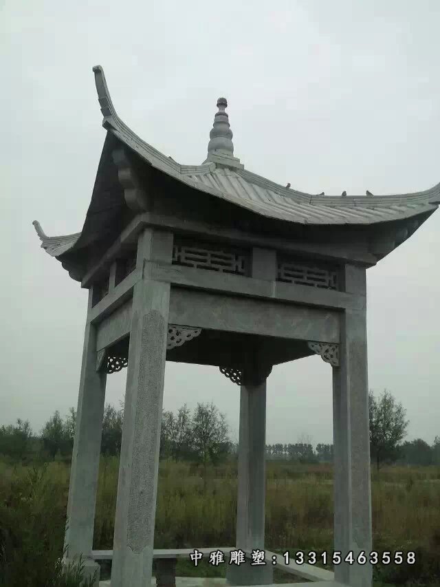 青石凉亭，晚霞红凉亭石雕