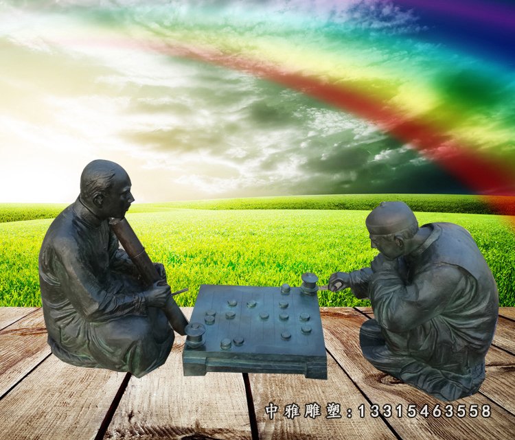 古人喝茶下棋雕塑，公园玻璃钢仿铜雕塑 (2)
