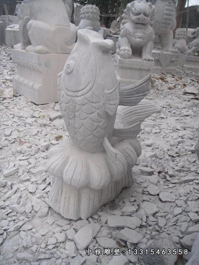 石雕鱼，大理石鱼雕塑，公园喷泉鱼 (1)