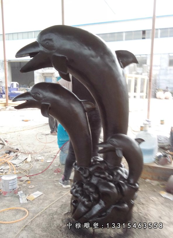 玻璃钢海豚仿铜雕塑，玻璃钢嬉戏海豚