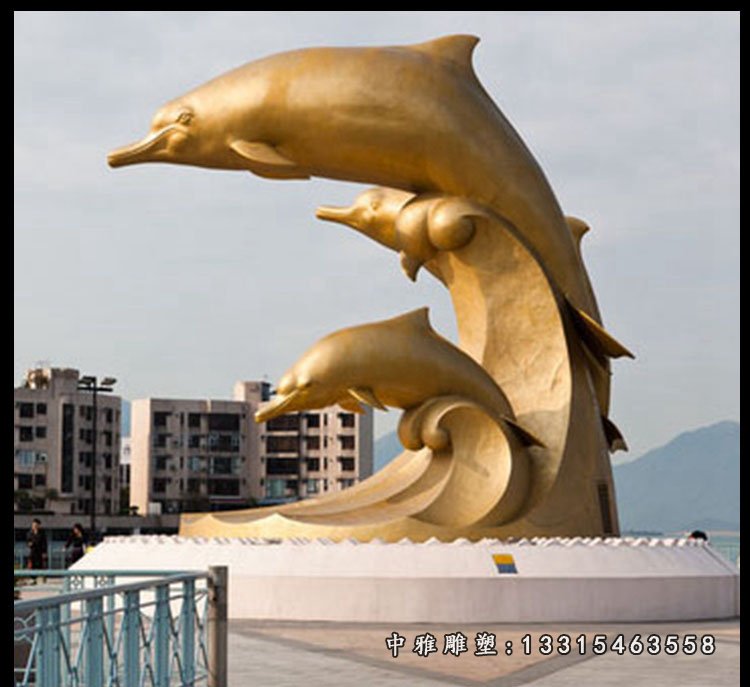 不锈钢仿铜海豚雕塑，广场景观摆件