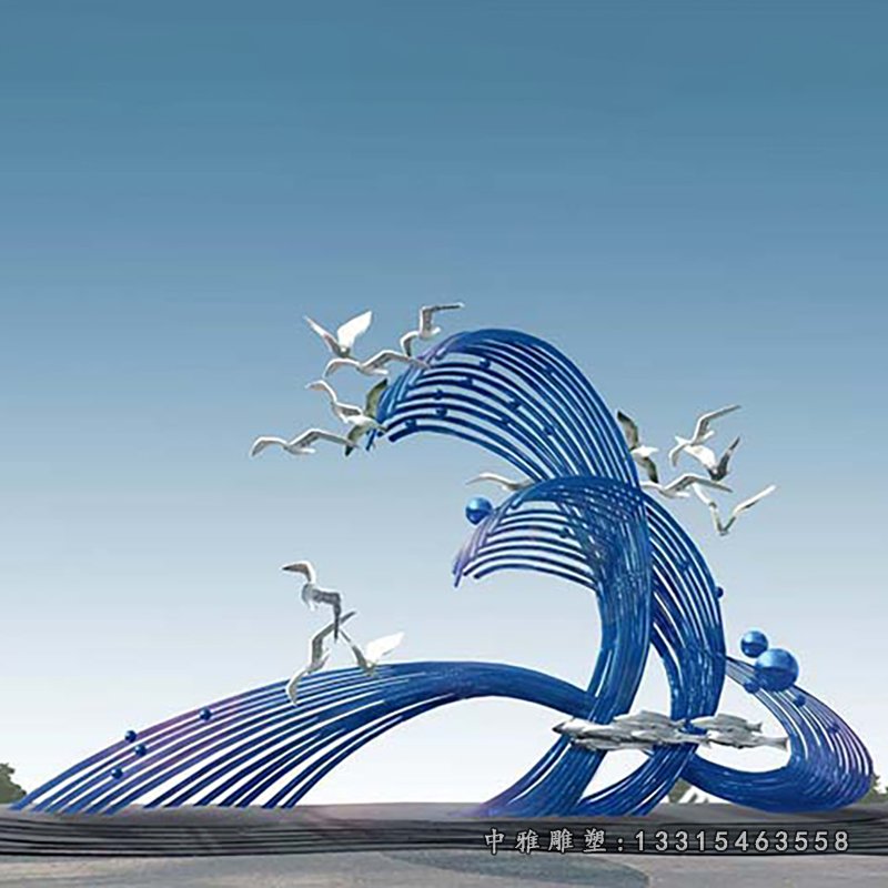 不锈钢海浪海鸥雕塑，广场景观雕塑