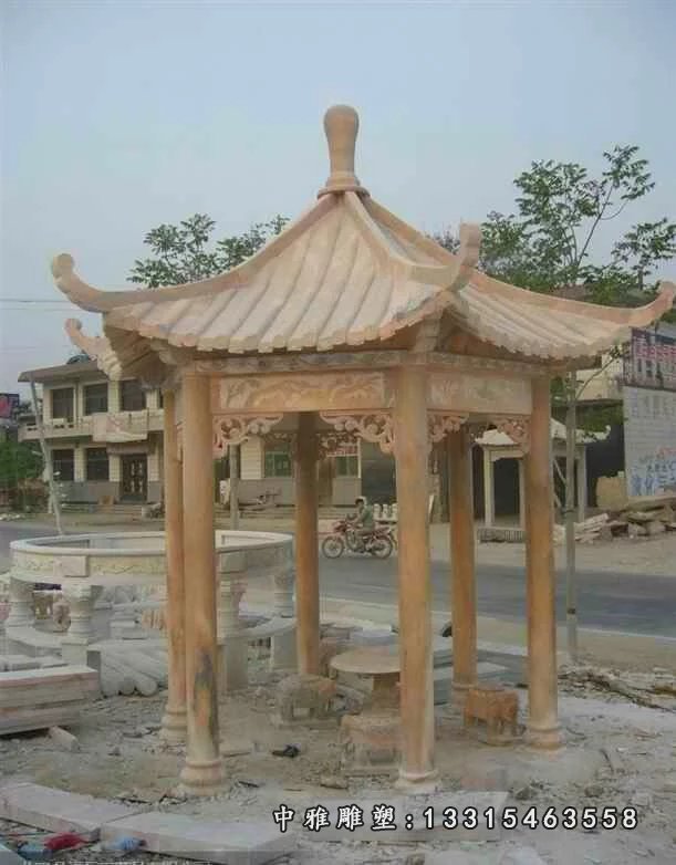 石雕凉亭，晚霞红凉亭石雕