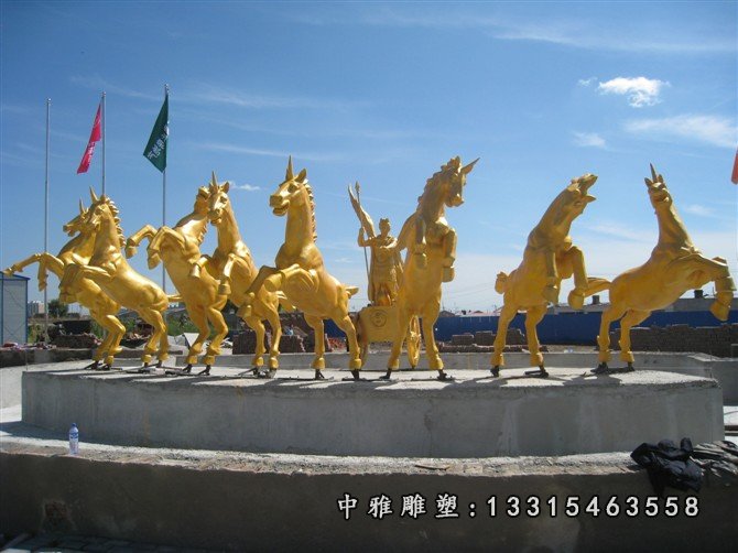 玻璃钢仿铜战马雕塑，玻璃钢太阳神阿波罗战车