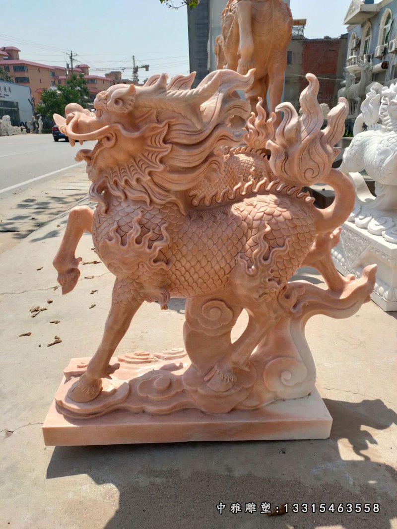 厂家直销石雕麒麟晚霞红一对看门 商场门口摆件大理石麒麟24195