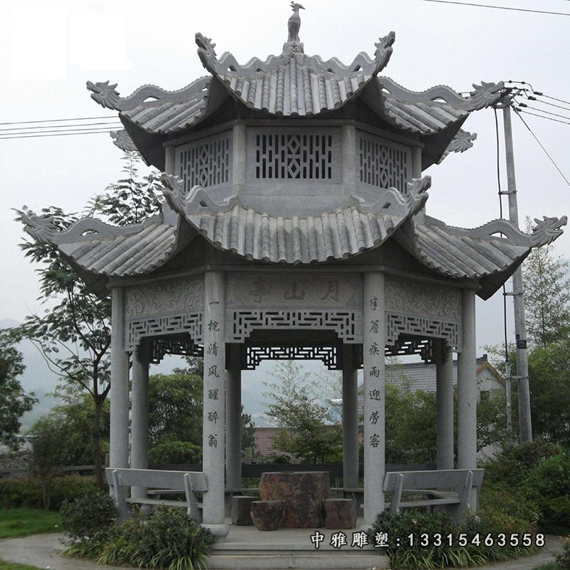 八角凉亭石雕，青石双层凉亭